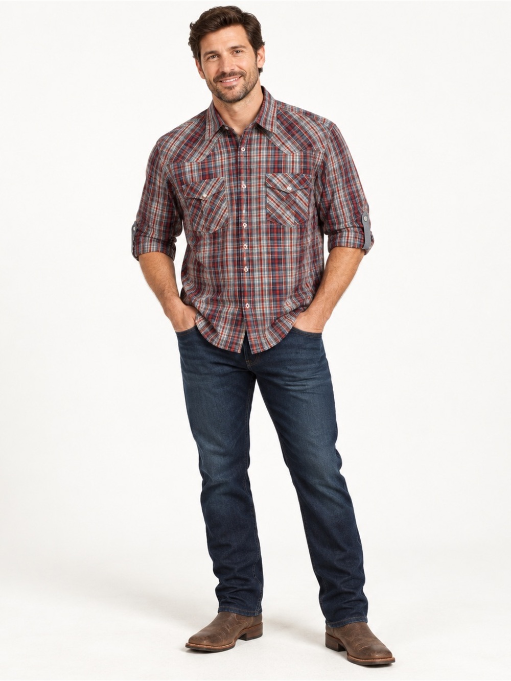 PD&C Men’s XL Plaid Western Button-Up Pearl Snap Pockets Roll-Tab Cotton